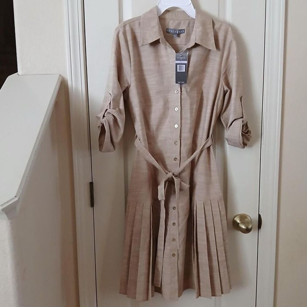 NWT Tan button-down pleated dress belted tie waist and 3/4 sleeves Preppy Basic